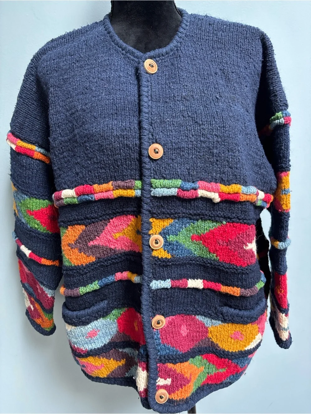 VTG Express Tricot Hand Knit Wool Cardigan Sweater Colorful Geometric Boho OS